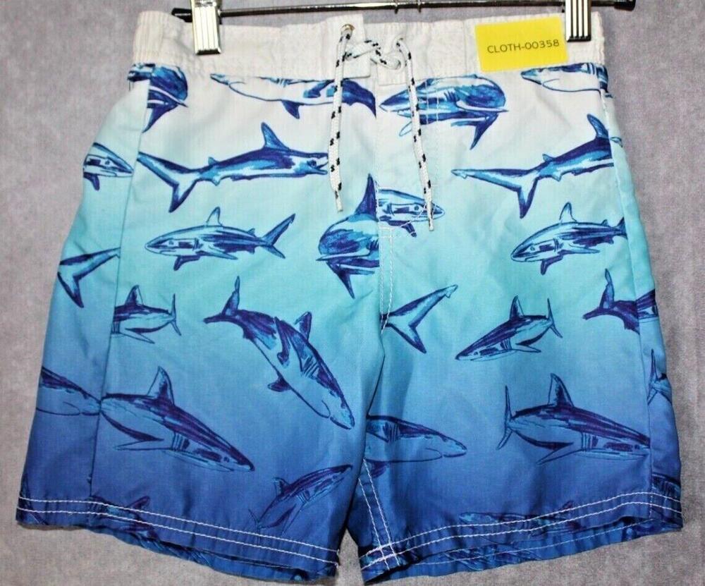 OshKosh Swim Shorts Boys 5 Blue Shark Print Drawstring Lined 100% Polyester